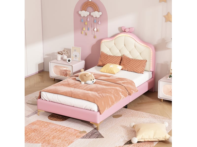  Modenvie lit enfant 90x200 cm - tête de lit led multicolore, noeud décoratif - sans matelas - rose  - Conforama B