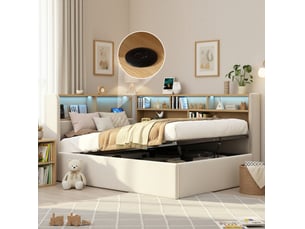Lit banquette 90x200 cm avec rangement hydraulique, led, usb et type-c, beige cravdom