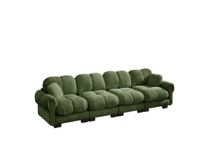 Canapé droit modulable 4 places en tissu vert, accoudoirs élégants et coussins épais pour un confort soutenant