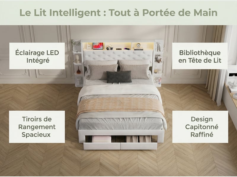 Lit 2 places 140x200 cm - tiroirs de rangement et led - usb - lit 2 places velours - tête de lit avec rangement ouvert  - Conforama D