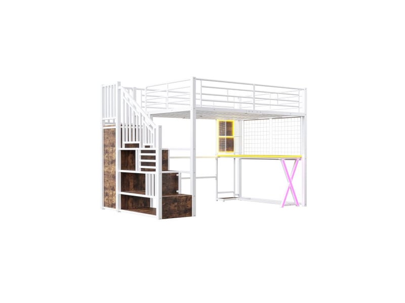  Lit mezzanine lit enfant double 140x200 cm éclairage d'ambiance télécommandé échelle de rangement bureau armoire étagères blanc  - Conforama A