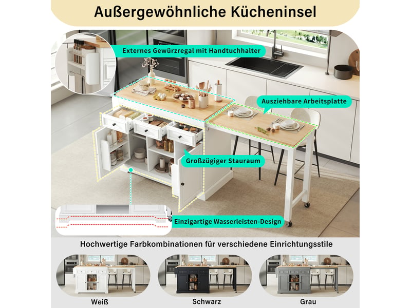 Desserte de cuisine mobile avec plateau extensible, 3 tiroirs et rangement à épices, blanc et naturel 112 × 45 × 92 cm - Conforama E