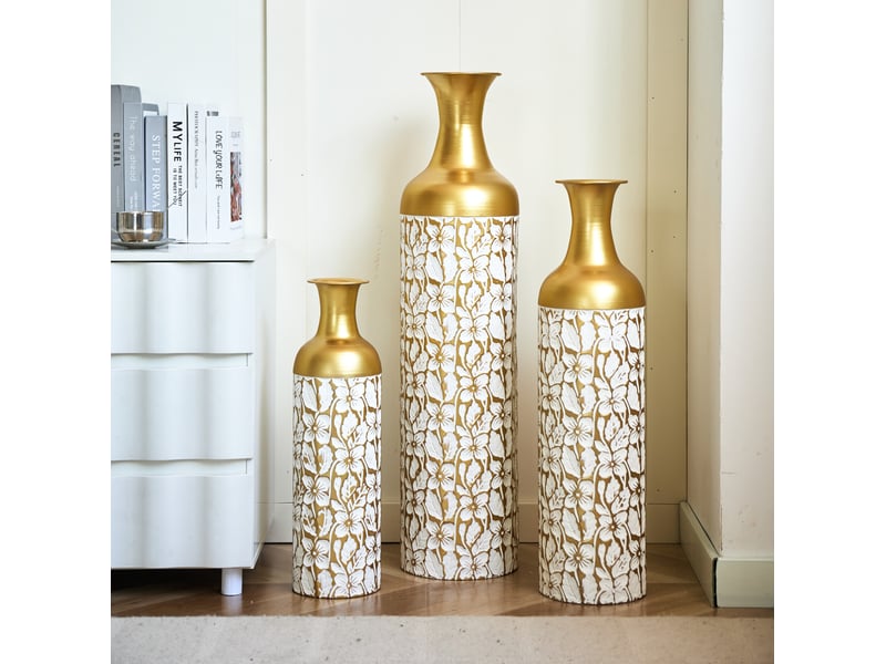 Lot de 3 vases de sol 506685 cm – doré et blanc – métal à motif floral, décoration art déco élégante  - Conforama B