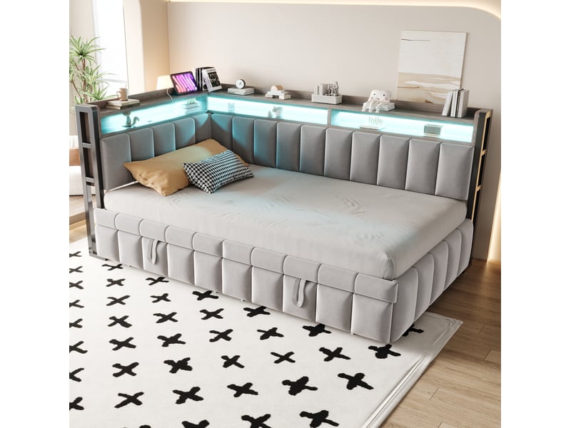  Lit enfant gigogne 90x200cm+90x190cm led, rangement, ports usb‑c, sommier à lattes, velours gris clair sans matelas  - Conforama D