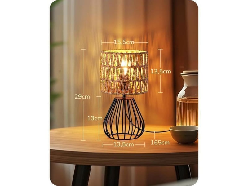  Lampe de chevet t165 style boho industriel noir et abat-jour en corde beige e14 led 2700k hauteur 29 cm 370618_AABJN35653_6_DROPFR - Conforama D