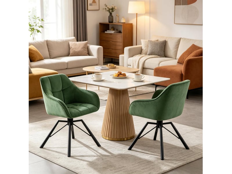  Chaise de salle à manger pivotante à 360° avec accoudoirs, lot de 2 en velours et métal vert foncé  - Conforama D