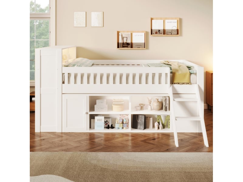  Lit mezzanine enfant 140x200 cm avec rangement et led, mdf et pin blanc, sans matelas  - Conforama W
