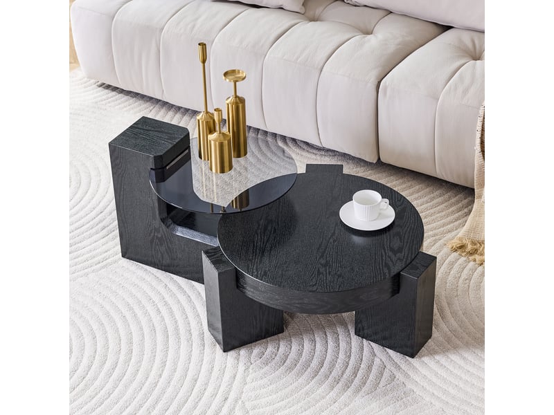  Table basse gigogne ronde 2 niveaux séparables avec rangement - lpospi - plateau verre fumé, mdf effet bois noir  - Conforama B