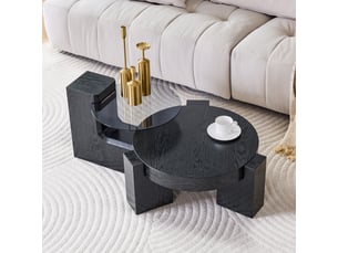Table basse gigogne ronde 2 niveaux séparables avec rangement - plateau verre fumé, mdf effet bois noir