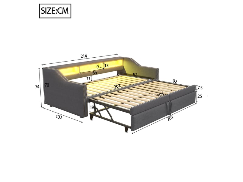  Lit banquette 1 place 90×200 cm et 180×200 cm, led et usb - okmyhome- 3 étagères, 2 matelas inclus  - Conforama D