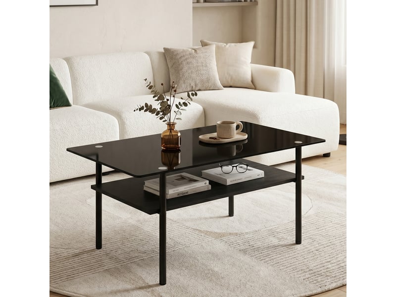 Table basse rectangulaire à 2 niveaux avec plateau en verre et étagère mdf pour salon noire - Conforama B