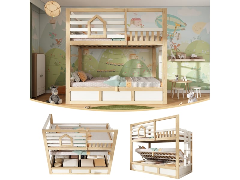  Modenvie lit superposé enfant 90x200 cm - style cabane, rangement hydraulique, sans matelas - blanc  - Conforama D