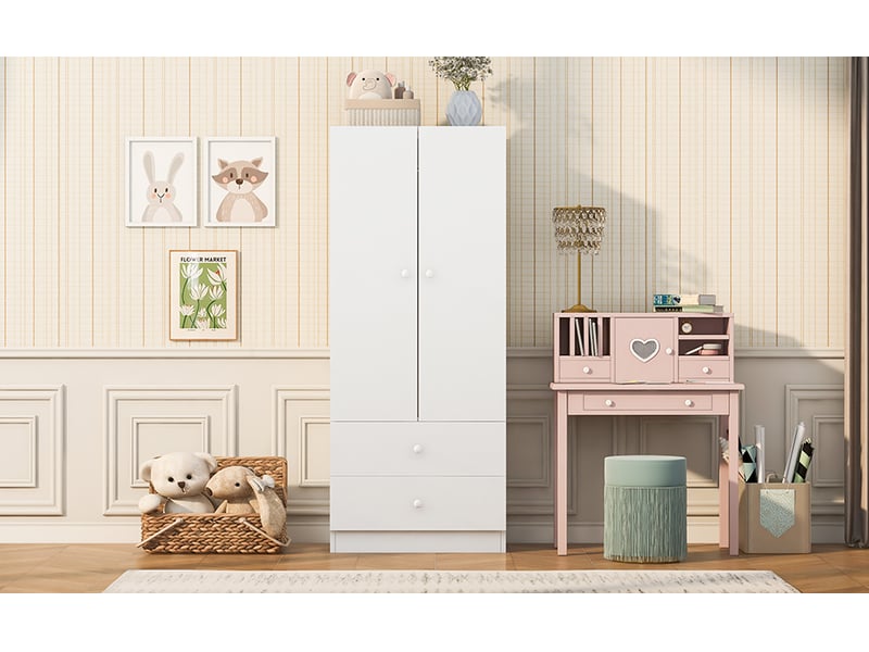  Armoire de chambre enfant 2 portes et 2 tiroirs, penderie compacte, 70 × 40 × 170 cm, finition blanche  - Conforama D