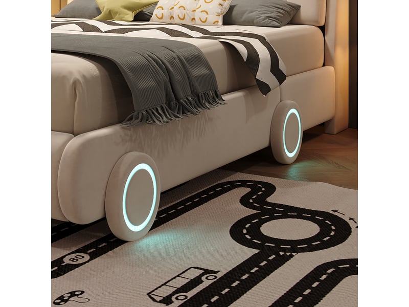  Lit rembourré pour enfants 140x200cm - lit en forme de voiture de course - hauteur de tête de lit réglable - avec éclairage led - tissu velours - beige (sans matelas)  - Conforama R