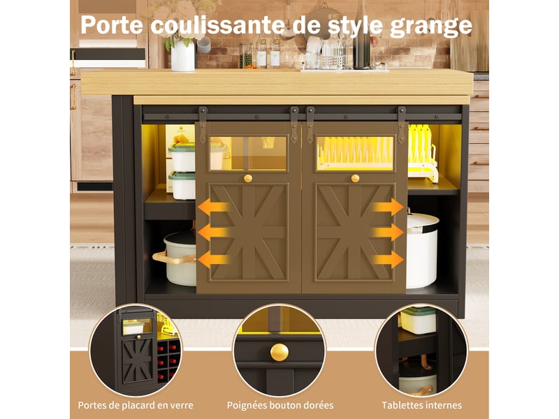  Îlot de cuisine extensible 120–197x40x72 cm avec plateau pivotante 360°, casier à bouteilles, rgb led et portes vitrées, noir  - Conforama D