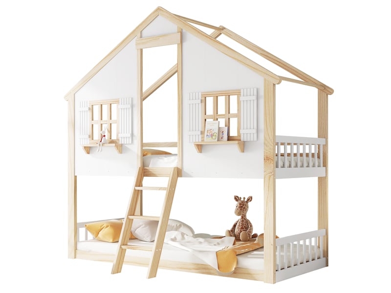 Lit superposé enfant 90x200 cm, lit cabane avec toit et fenêtres, en bois de pin massif et mdf avec échelle à 3 marches, blanc et naturel - Conforama A