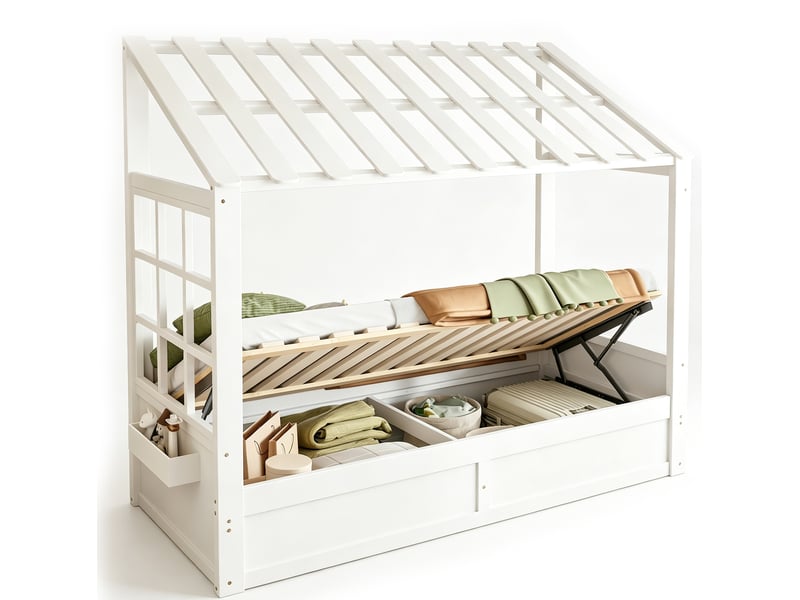  Lit enfant style maison de campagne 90 x 200 cm avec toit, fenêtre, rangement hydraulique et niches latérales blanc  - Conforama A