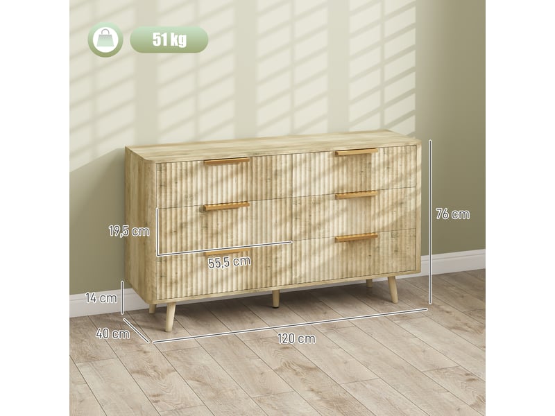  Commode 6 tiroirs scandinave avec poignées et pieds de pin, pour chambre à coucher, salon, couloir, 120x40x76cm, chêne  - Conforama E