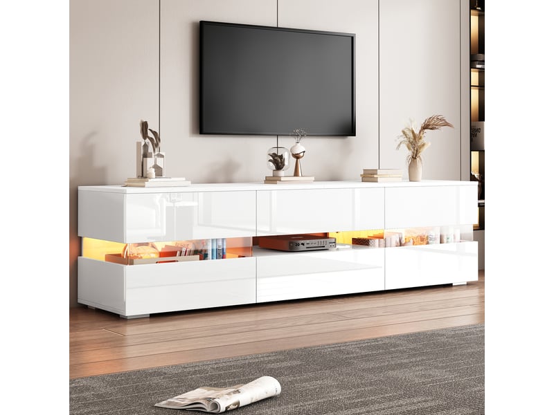  Meuble tv blanc laqué 160 cm avec led pour écran 70 pouces  - Conforama D