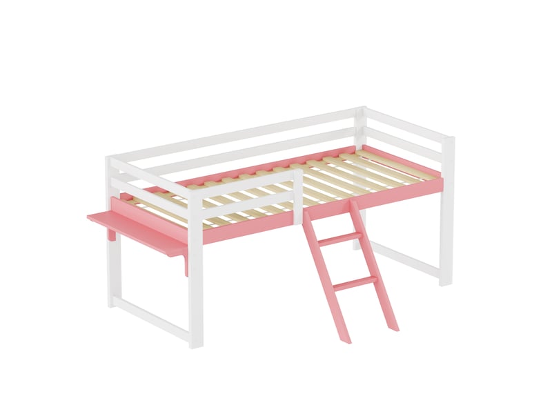  Lit mezzanine 90x200 cm, structure en pin massif, coloris rose, échelle fixe, garde-corps, sommier à lattes inclus, sans sommier tapissier  - Conforama A