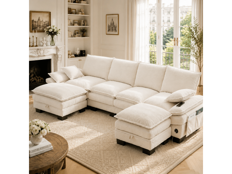  Canapé modulaire 4 places en velours côtelé - beige - 2 poufs inclus - port usb-c intégré 330x132x84cm - Conforama A