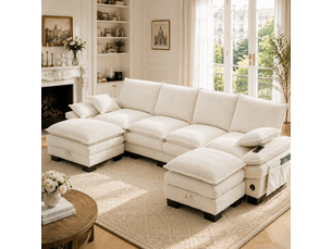 Canapé modulaire 4 places en velours côtelé - beige - 2 poufs inclus - port usb-c intégré