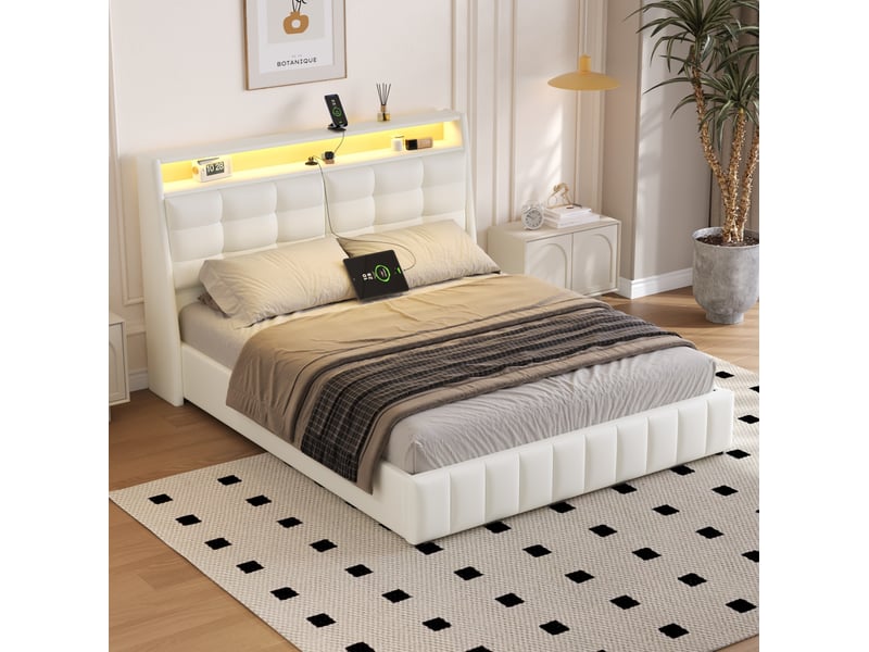  Lit plateforme 160x200 coffre rangement led multicolore usb tête réglable rembourré mdfpu blanc sans matelas  - Conforama D