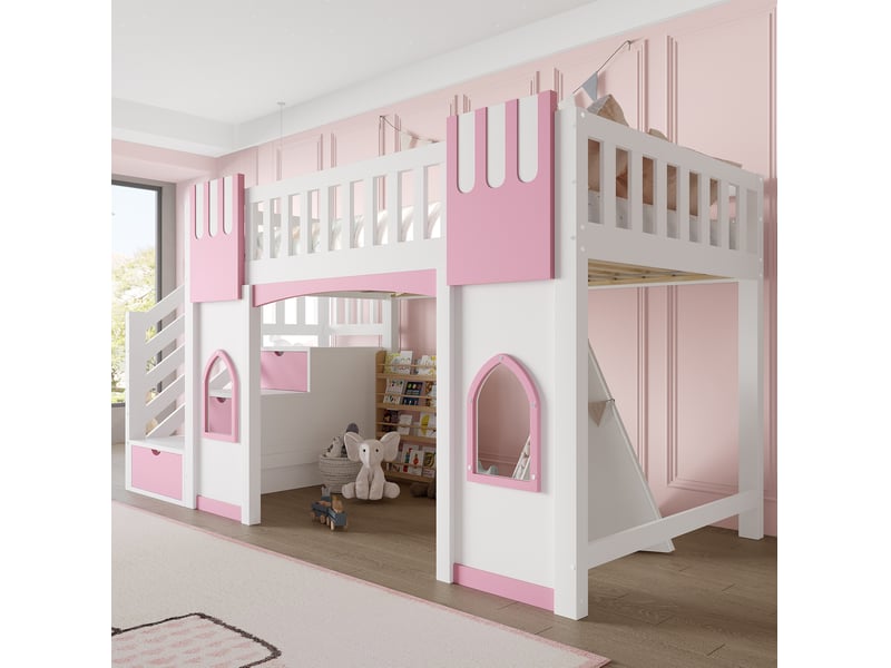  Lit surélevé enfant 90 x 200 cm avec escalier de rangement, blanc et rose  - Conforama E