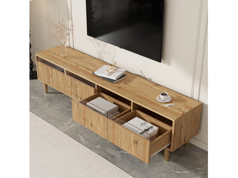  Meuble tv 178x35x45 cm, 4 tiroirs et passe-câbles en mdf et acrylique coloris naturel  - Conforama D