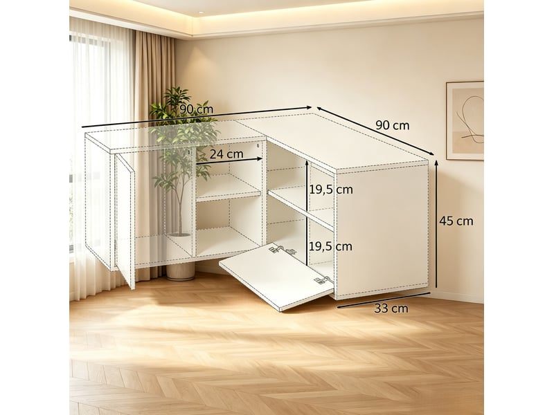  Meuble tv d’angle en l 90x90x45 cm, 2 portes et 3 niches, blanc et bois clair  - Conforama E