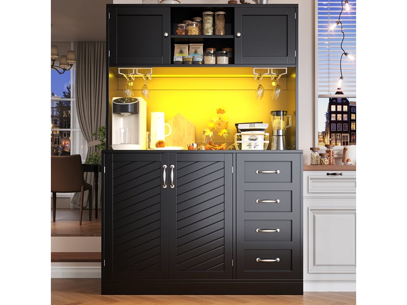  Meuble de cuisine muvano noir, buffet haut avec éclairage led, 4 portes et 2 tiroirs, 120 × 40 × 188 cm  - Conforama D