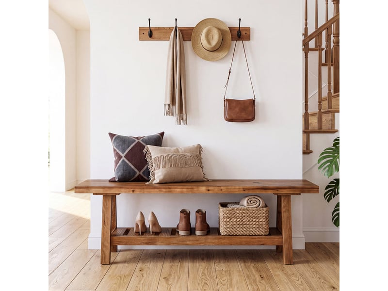  Banc en bois massif 140 cm avec étagère, banc d'entrée style maison de campagne pour 2 à 3 personnes  - Conforama D