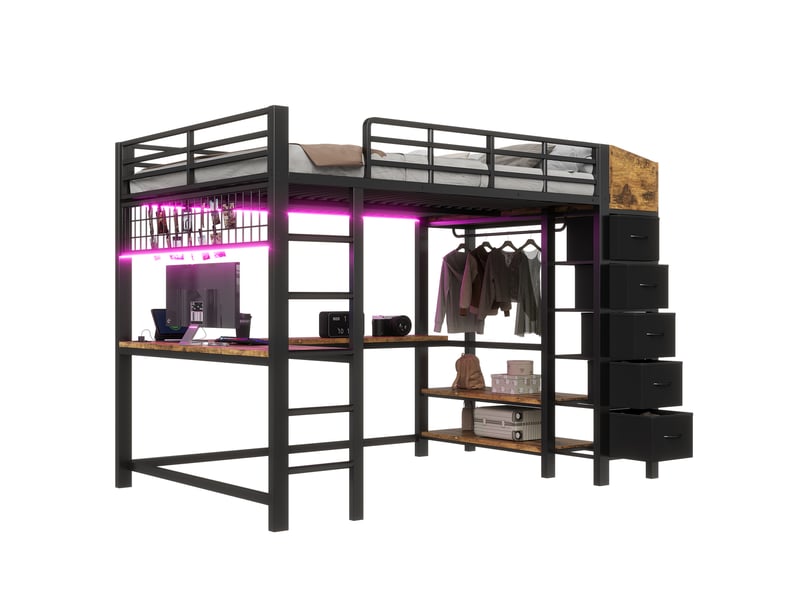  Lit mezzanine en métal 140×200 cm – inclut des prises électriques – équipé de ports usb et type-c – doté d’un ruban lumineux led – comprend 5 tiroirs en tissu – noir (matelas non inclus)  - Conforama A