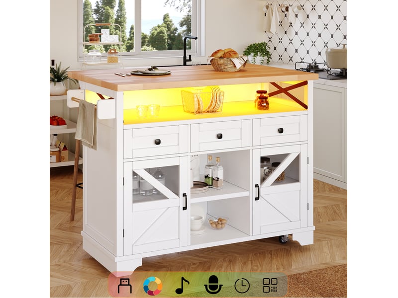  Desserte de cuisine mobile blanche avec plateau rabattable, led et 3 tiroirs  - Conforama D