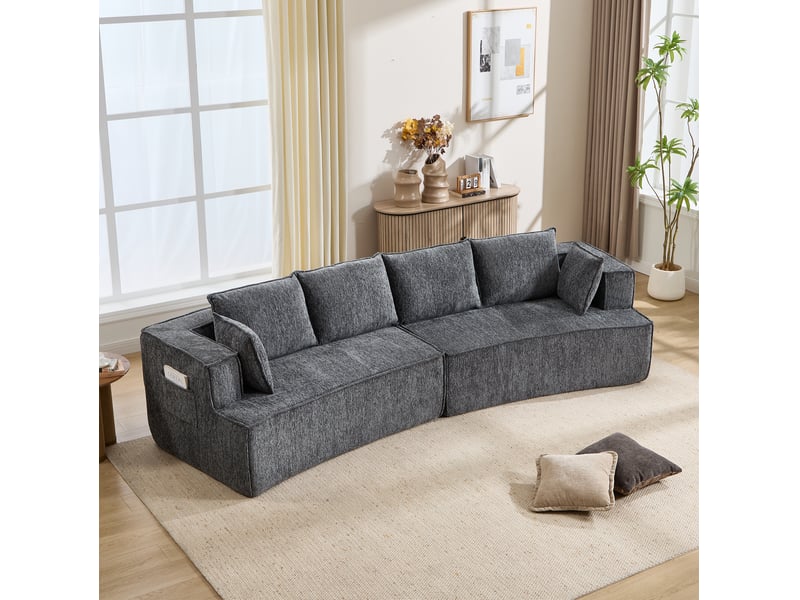 Canapé modulaire 4 places incurvé à assise profonde avec ressorts, en velours côtelé gris foncé - Conforama E