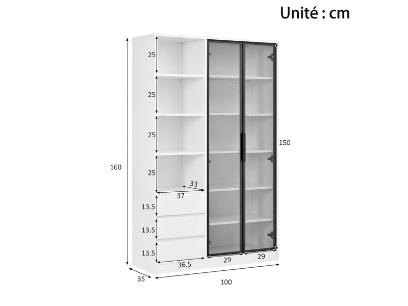  Vitrine meuble de rangement 100x35x160 cm, blanc, 2 portes en verre trempé, 3 tiroirs, étagère réglable et éclairage LED  - Conforama C