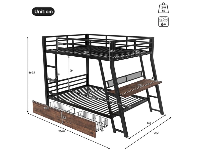  Lit superposé 140 x 200 gain de place bureau intégré tiroirs doubles led garde-corps escalier métal noir sans matelas  - Conforama C