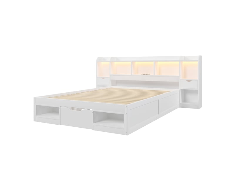  Cadre de lit plateforme (140 x 200 cm), avec tête de lit et pied de lit avec espace de rangement, 3 tiroirs, plusieurs compartiments de rangement, bande lumineuse led et port usb, blanc.  - Conforama E