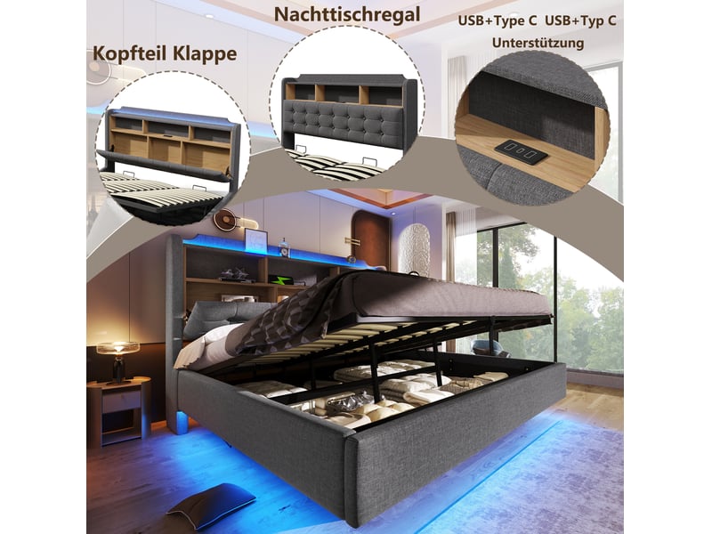 Lit coffre 2 places 180x200 cm led avec usb et type-c coloris gris - Conforama D