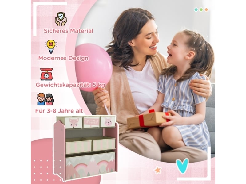  Armoire enfant rose avec 6 boîtes en tissu, motif mignon, rangement, 63x30x66 cm  - Conforama E