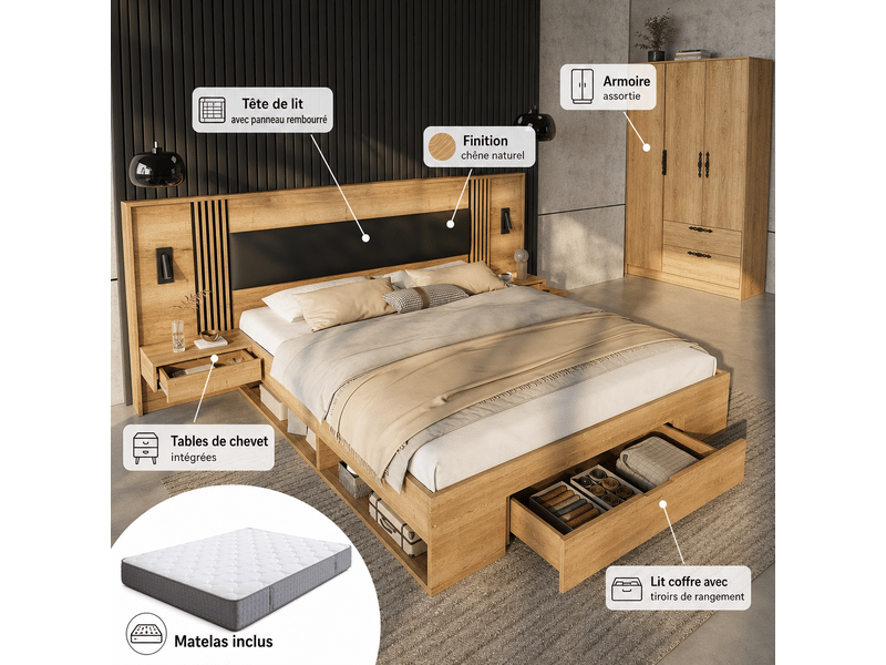 Lit adulte 180x200cm avec rangement tiroirs tables de chevet lampe matelas inclus bois naturel - Conforama D