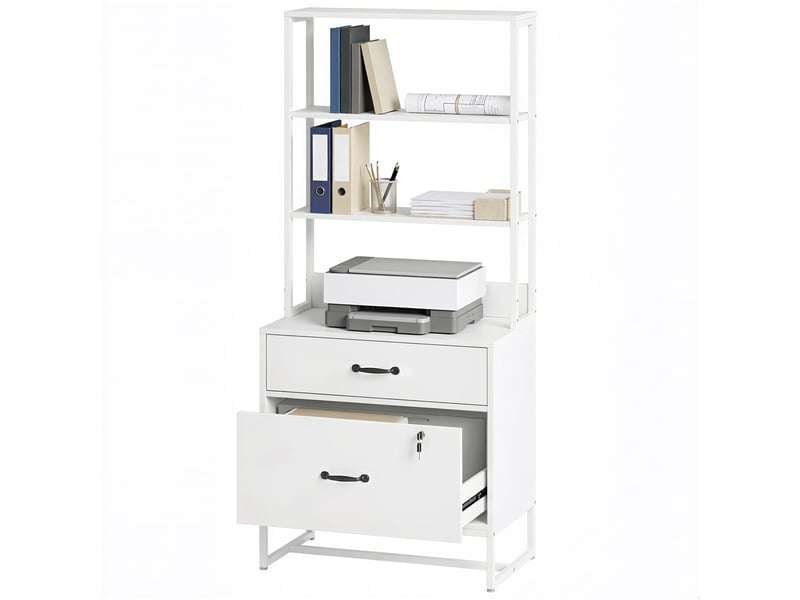 Classeur à dossiers suspendus avec étagères, 2 tiroirs, plateau pour imprimante, verrouillable, formats a4, lettre et légal, blanc  - Conforama B