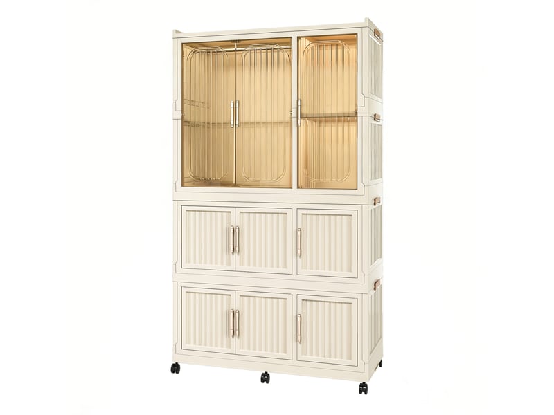 Armoire pliable 92x45x158 cm à 9 portes magnétiques en polypropylène beige - Conforama D