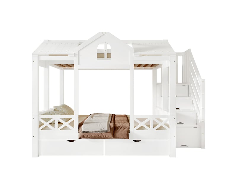  Modenvie lit superposé enfant 90x200 cm et 140x200 cm - avec rangement et escalier 4 niches - blanc  - Conforama A