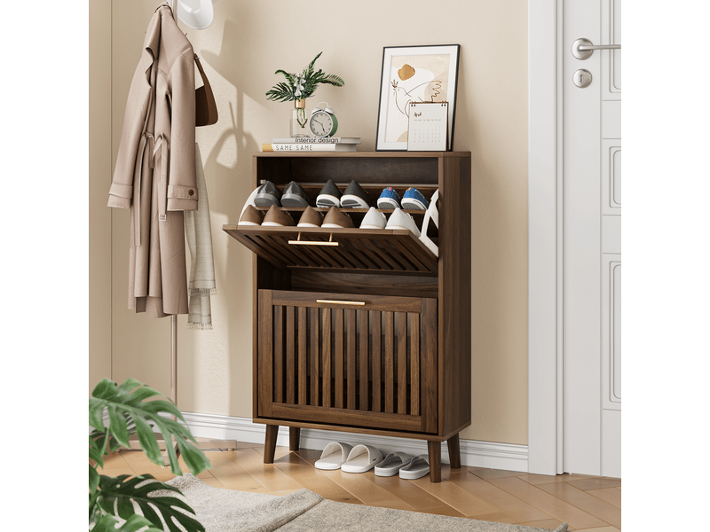  Meuble à chaussures 60x24x93 cm, design moderne avec 2 tiroirs abattants, rangement optimisé pour entrée, finition noyer  - Conforama E