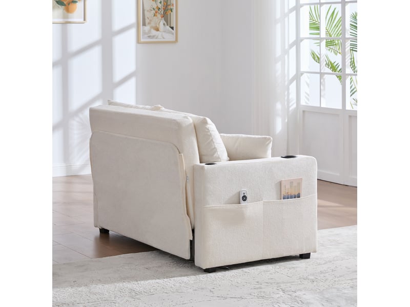 Canapé convertible 2 places en tissu beige avec usb, porte-gobelets et rangement, idéal pour petits espaces - Conforama E