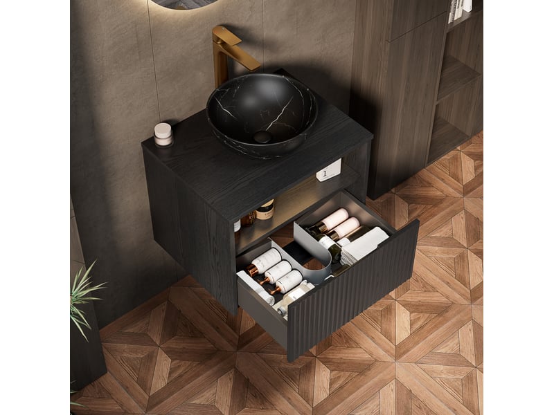 Meuble sous vasque suspendu avec 1 tiroir, niche ouverte et led à détection pour salle de bain noir 60 × 46 × 60,8 cm - Conforama B