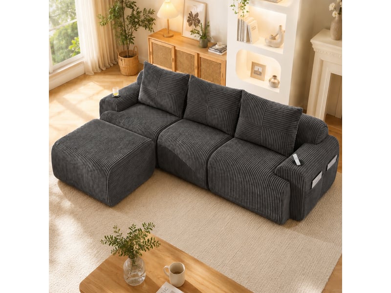  Canapé modulable, canapé de salon; gris foncé, en velours tricoté, porte-gobelets  - Conforama A