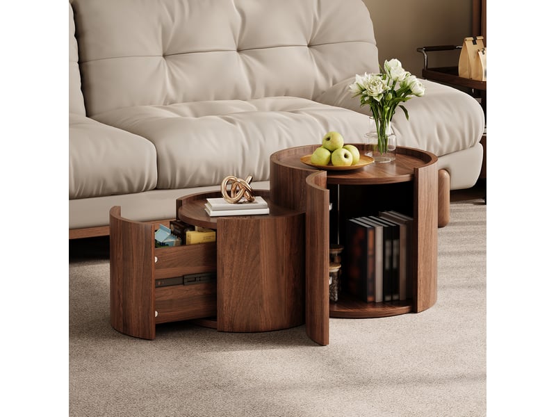  Table basse de salon 77,5x47,5x40 cm avec rangement, tiroirs et portes galbées, panneau de particules, noyer  - Conforama D