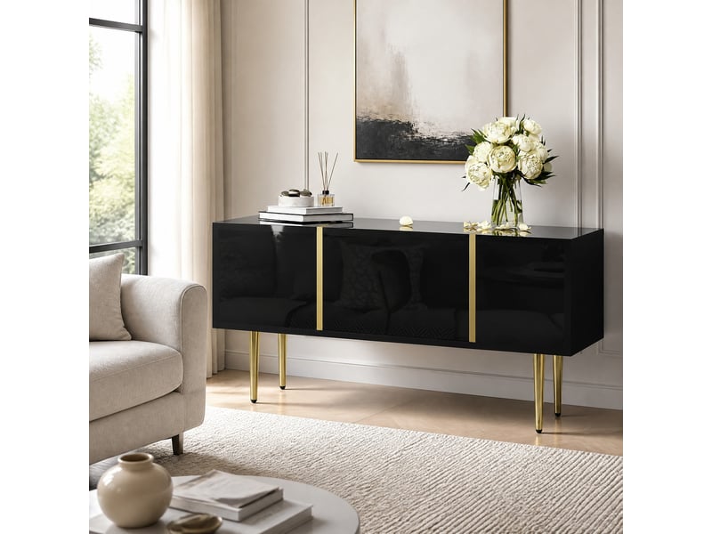  Table basse avec 2 tiroirs pour salon en mdf 100×60×41,5 cm noir brillant et détails dorés  - Conforama B
